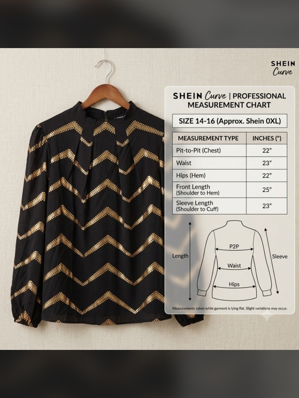 Elegant Gold Zigzag Pattern Shein Curve Blouse | Size 14-16 (0XL)
